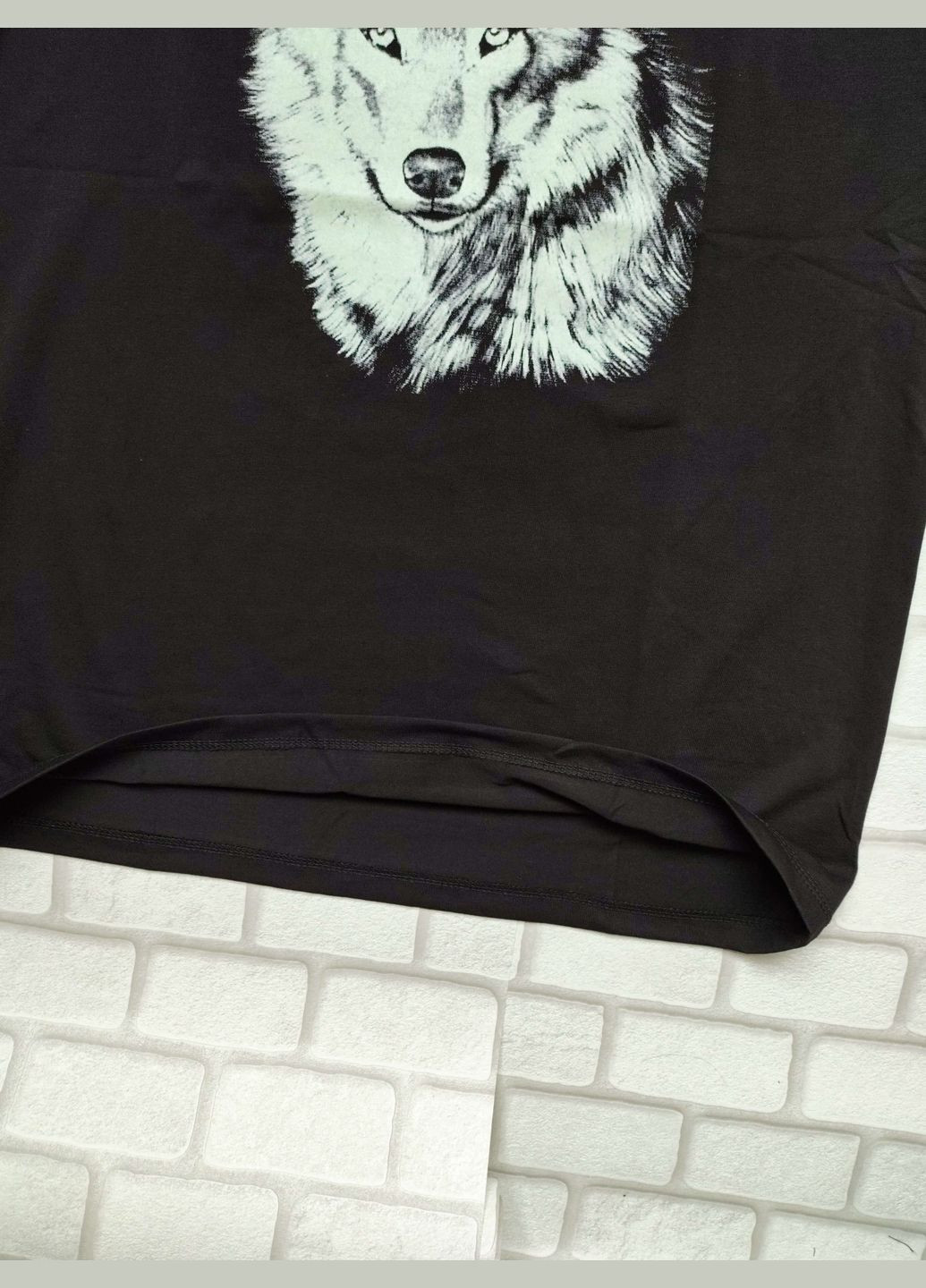 Чорна чоловіча футболка трикотаж чорна малюнок світиться в темряві вовк великі розміри батал розмір xxxl з коротким рукавом FERO