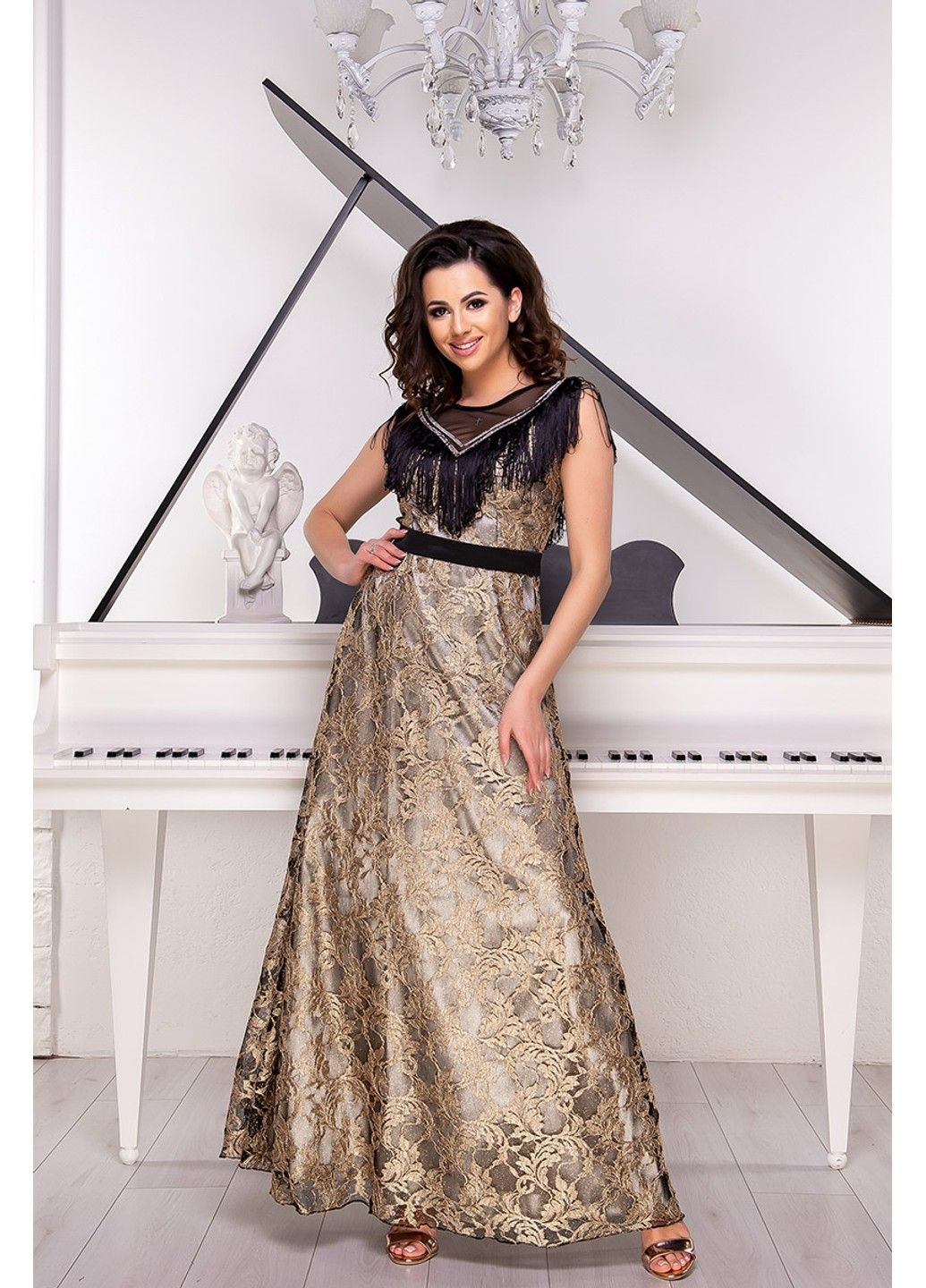 Золотой вечернее платье гипюр бахрома 9046 золотое Tanita-Romario