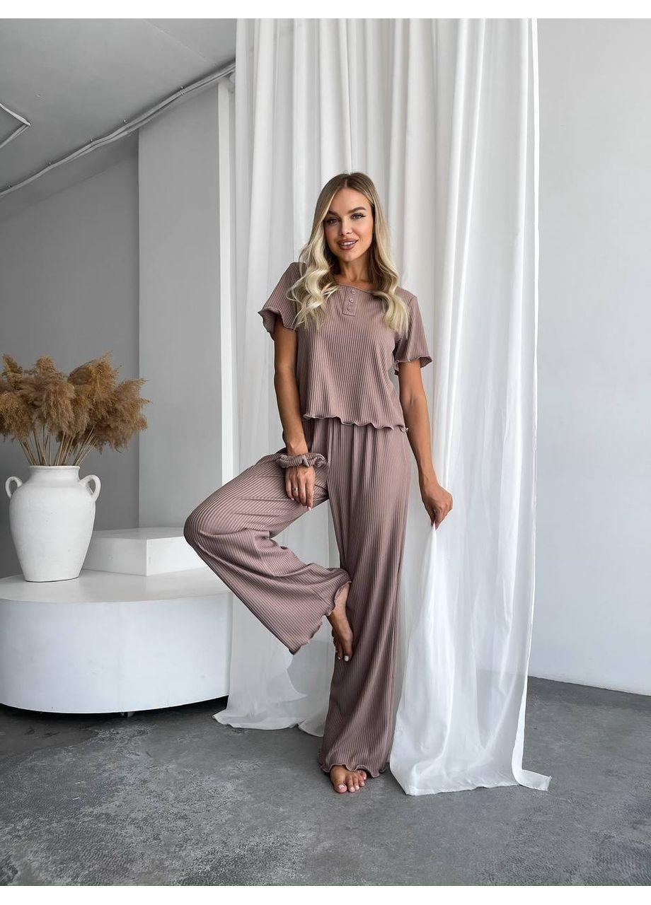 Кавова всесезон жіночий домашній комплект трійка (топ+гумка+штани) Fashion