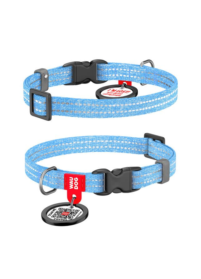 Ошейник для котов и мелких собак Re-cotton с QR тегом, светоотражающий, XS, Ш 10 мм, голубой WAUDOG (323141546)