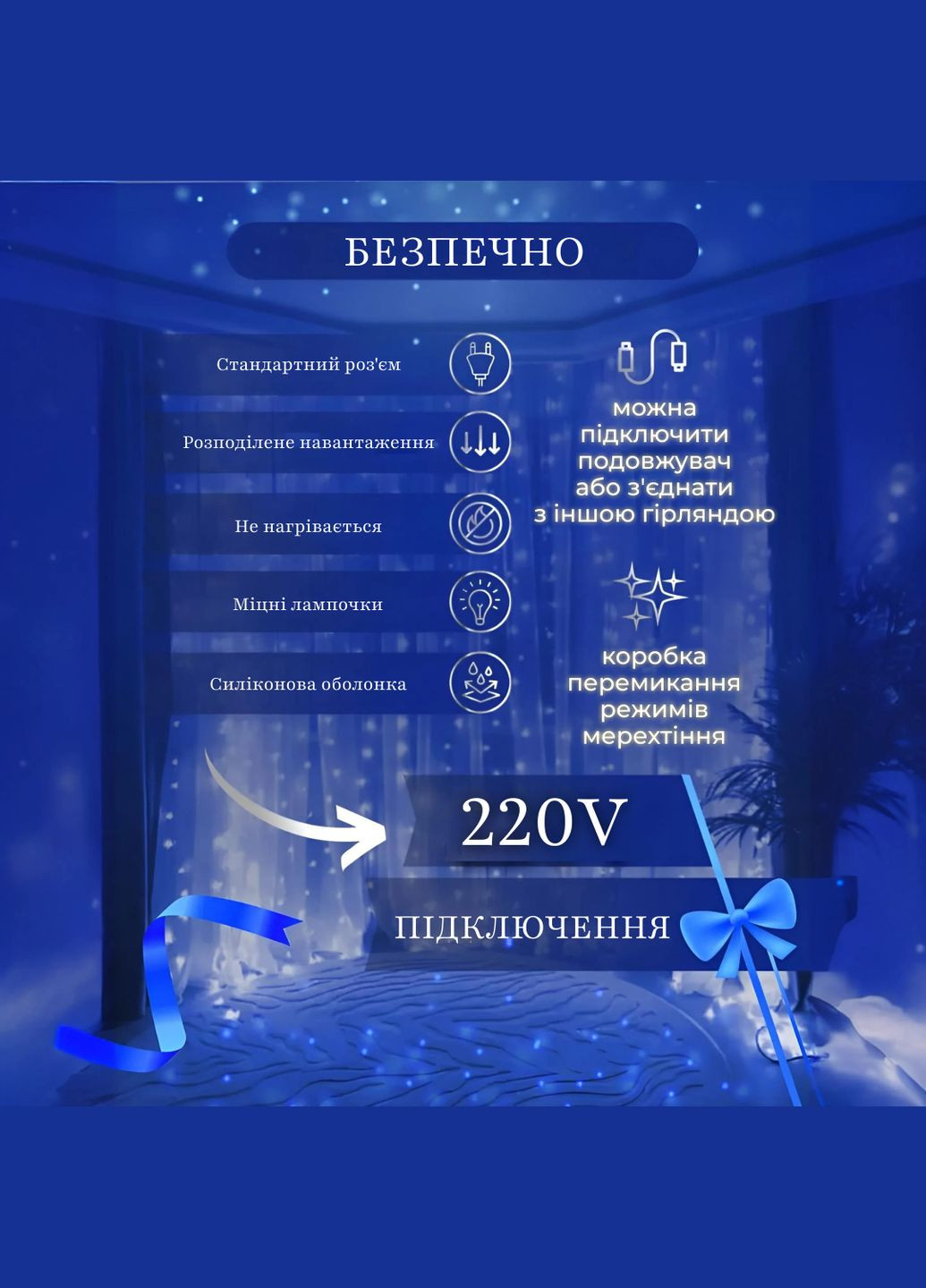 Гірлянда-штора світлодіодна 240 LED розмір 2*2 м, синій GarlandoPro (316721906)