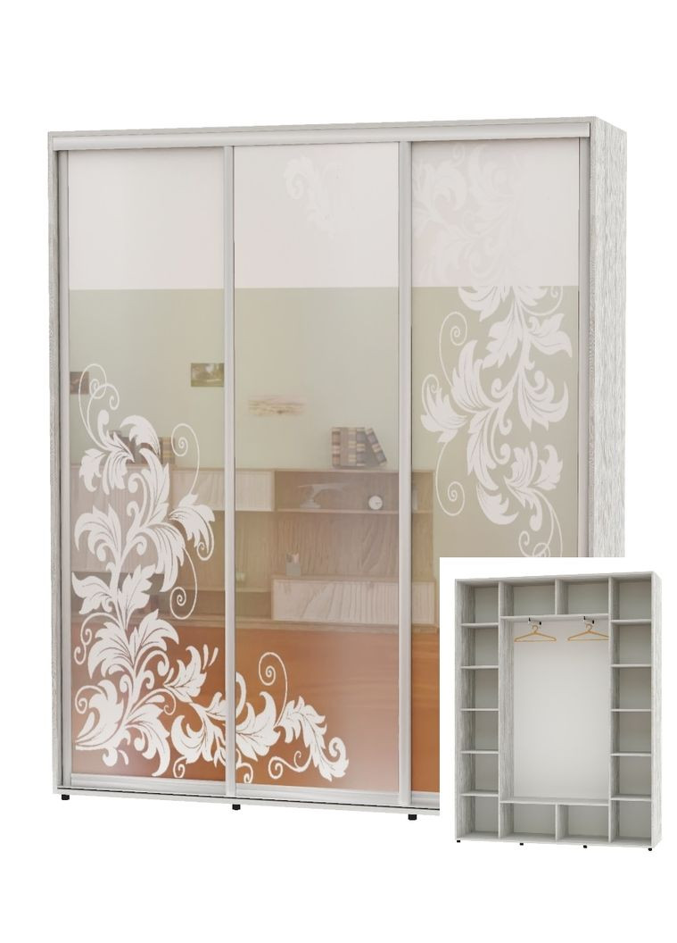 Шкаф-купе трехдверный 200*45*220 Сосна Натти Зеркало с пескоструйным рисунком ШК-05 Алекса (360450443)