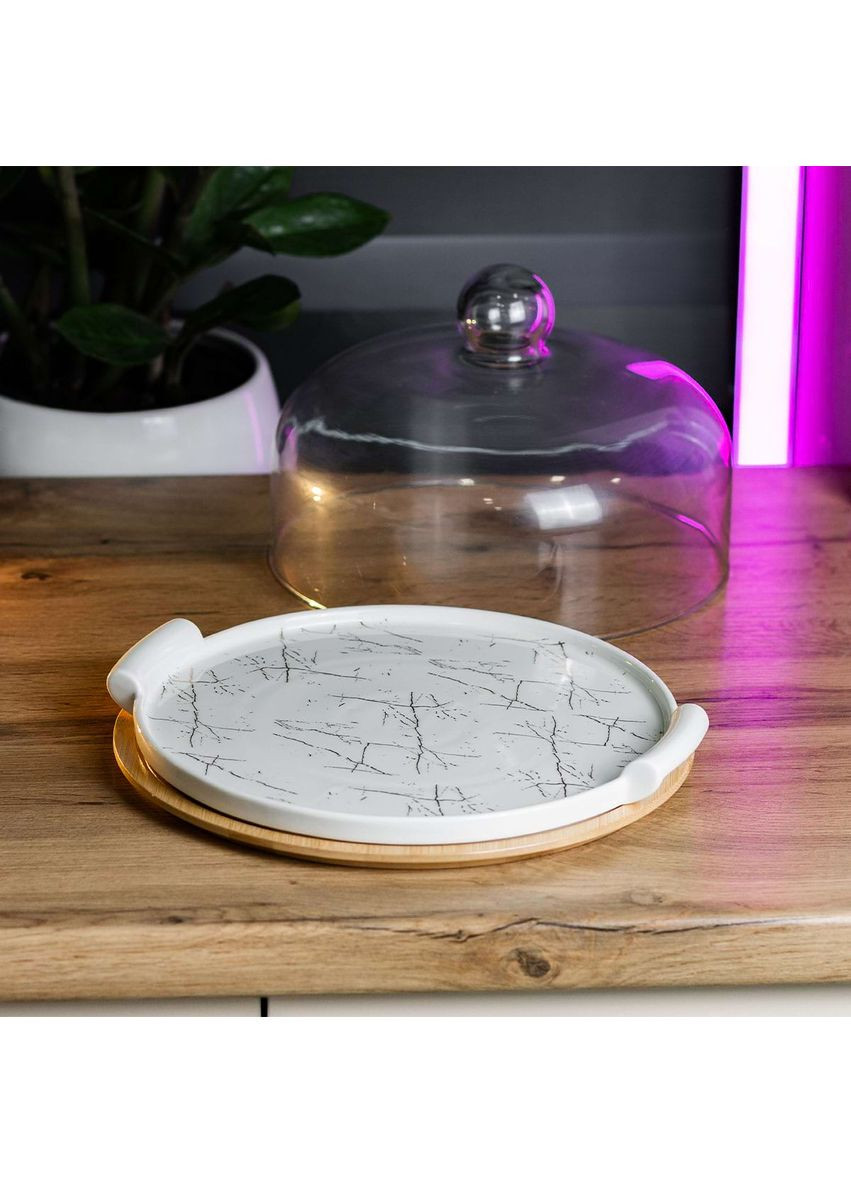 Тортівниця Yiwu керамічна зі скляною кришкою 29 см біла HP1204 No Brand (360977733)