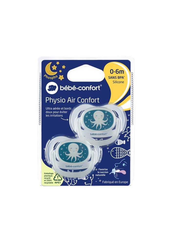 Пустышка силиконовая Physio Air Blue Octopus, светящаяся в темноте, анатомическая, 0-6 мес., 2 шт. () Bebe Confort 3104201940 (335030424)