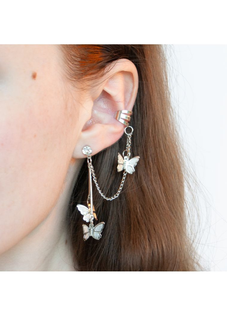 Серьга с каффой на цепи пуссет с несколькими кавай бабочками клипса современный корейский серебристый на ухо coquette лолита No Brand (366237410)