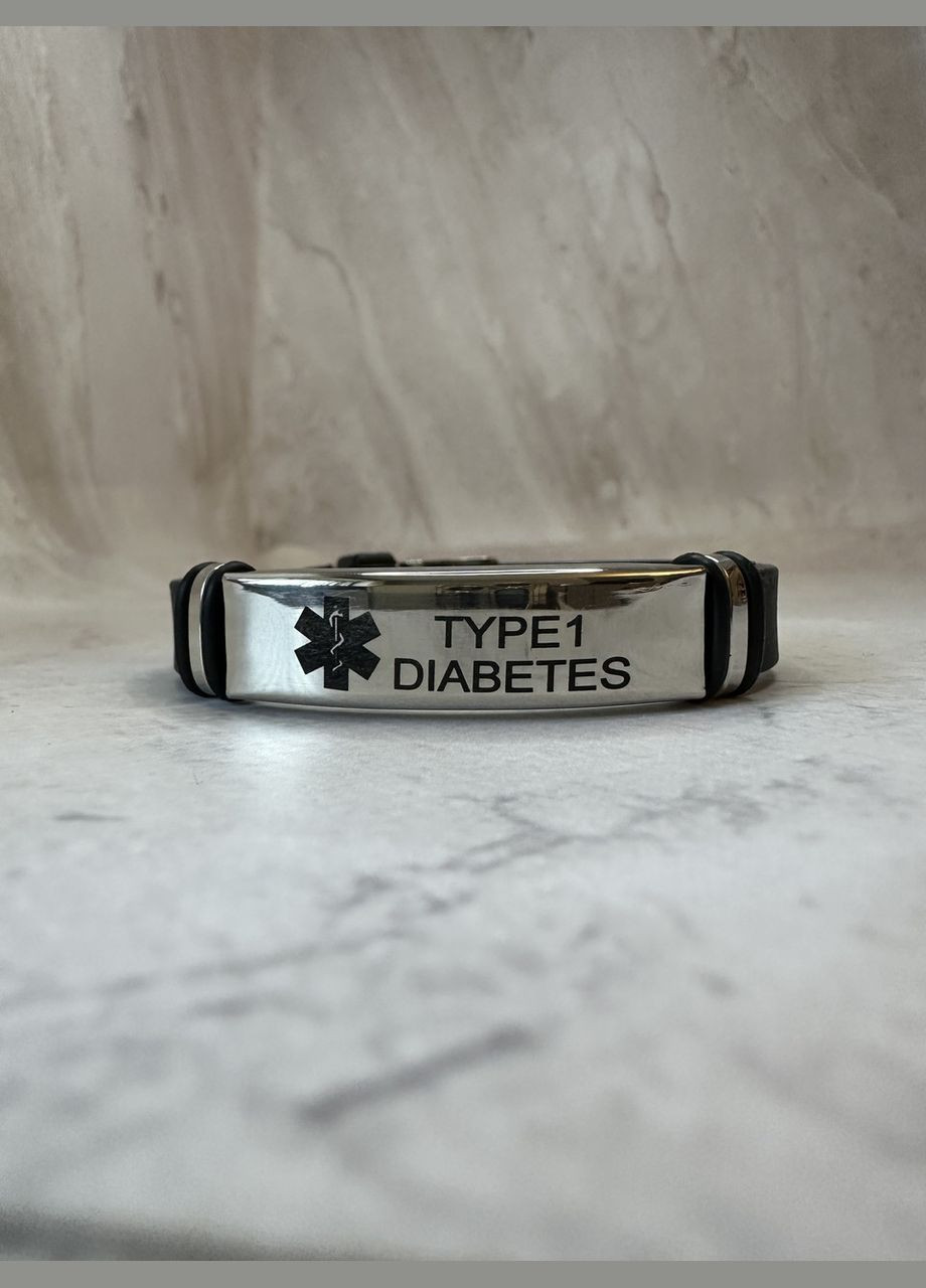 Силиконовый браслет на застёжке TYPE 1 DIABETES серая пластина чёрный текст No Brand (362452520)