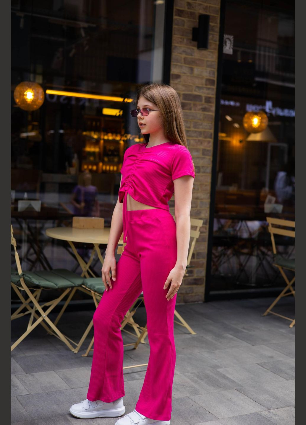 Рожевий літній костюм затяжка малина короткий рукав брючний IRmAS клеш