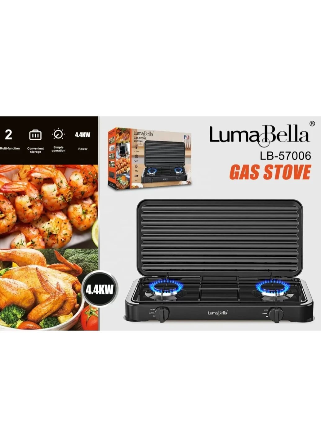 Настільна газова плита на дві конфорки Luma Bella LB-57006, чорна No Brand (397054448)