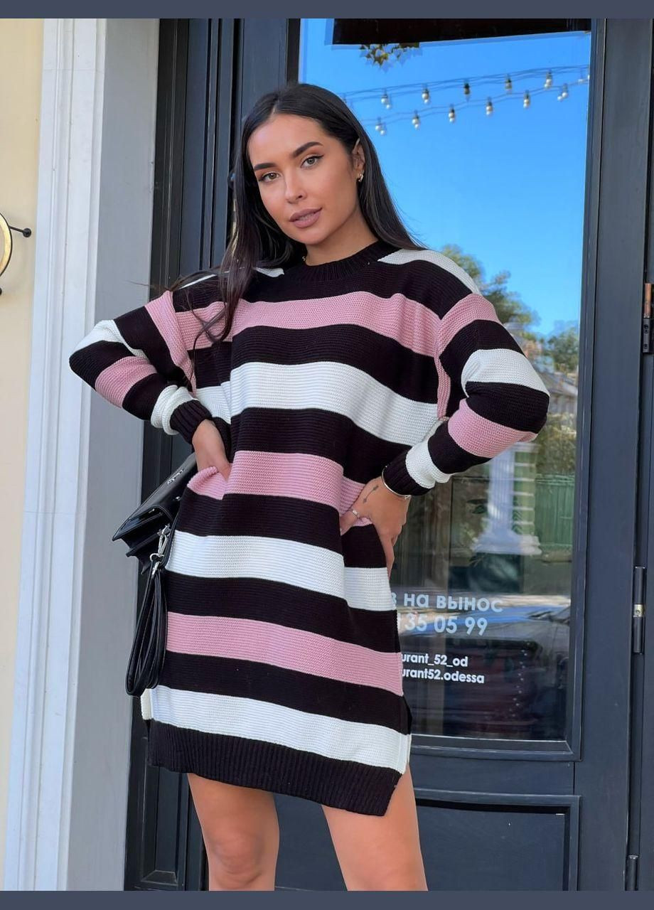 Черное повседневный, кэжуал, джинсовое вязаное платье в полоску, оверсайз силуэт, цвет — чёрный! BANG__BOOOM