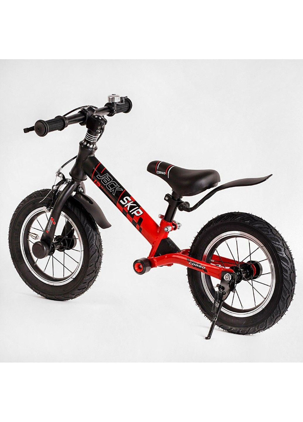 Велобег "Skip Jack" 44538 ЧЕРНО-КРАСНЫЙ, надувные колеса 12", стальная рама с амортизатором, ручной тормоз, подножка Corso (305825014)