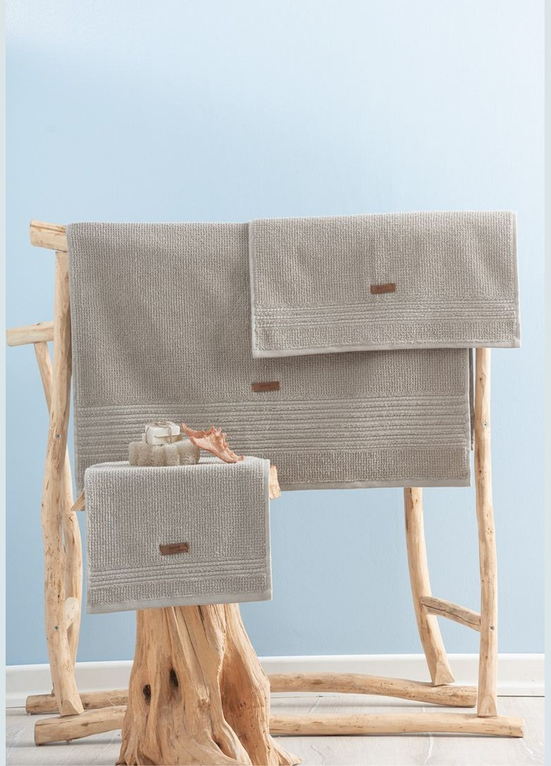 Набір 3 махрові рушники для ванної 30х50+50х90+75х150 см Beige TURComFor однотонний бежевий