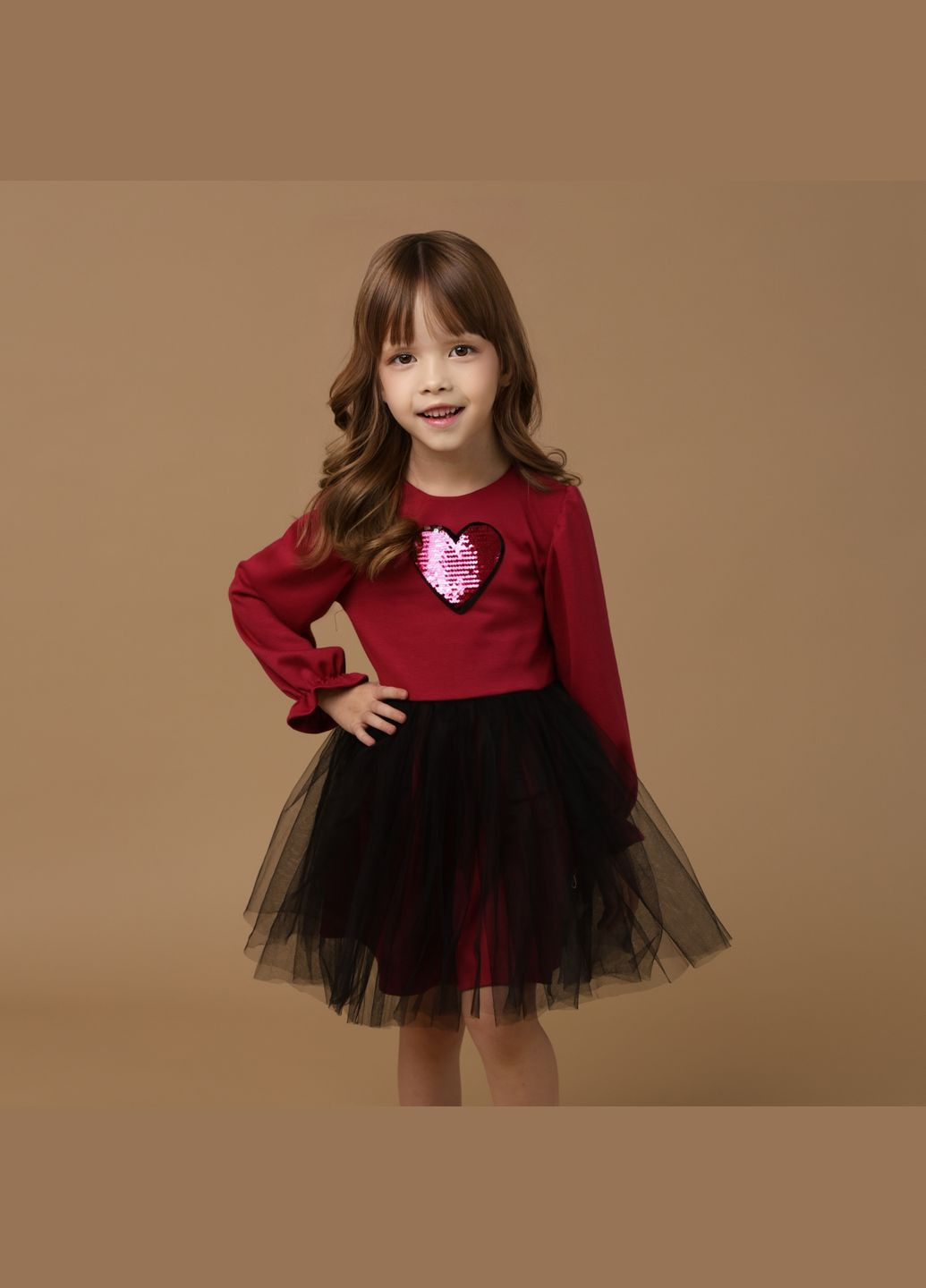 Малиновое праздничное детское платье с фатином для девочки (0093) малиновое с нашивкой сердце Odri (318093405)