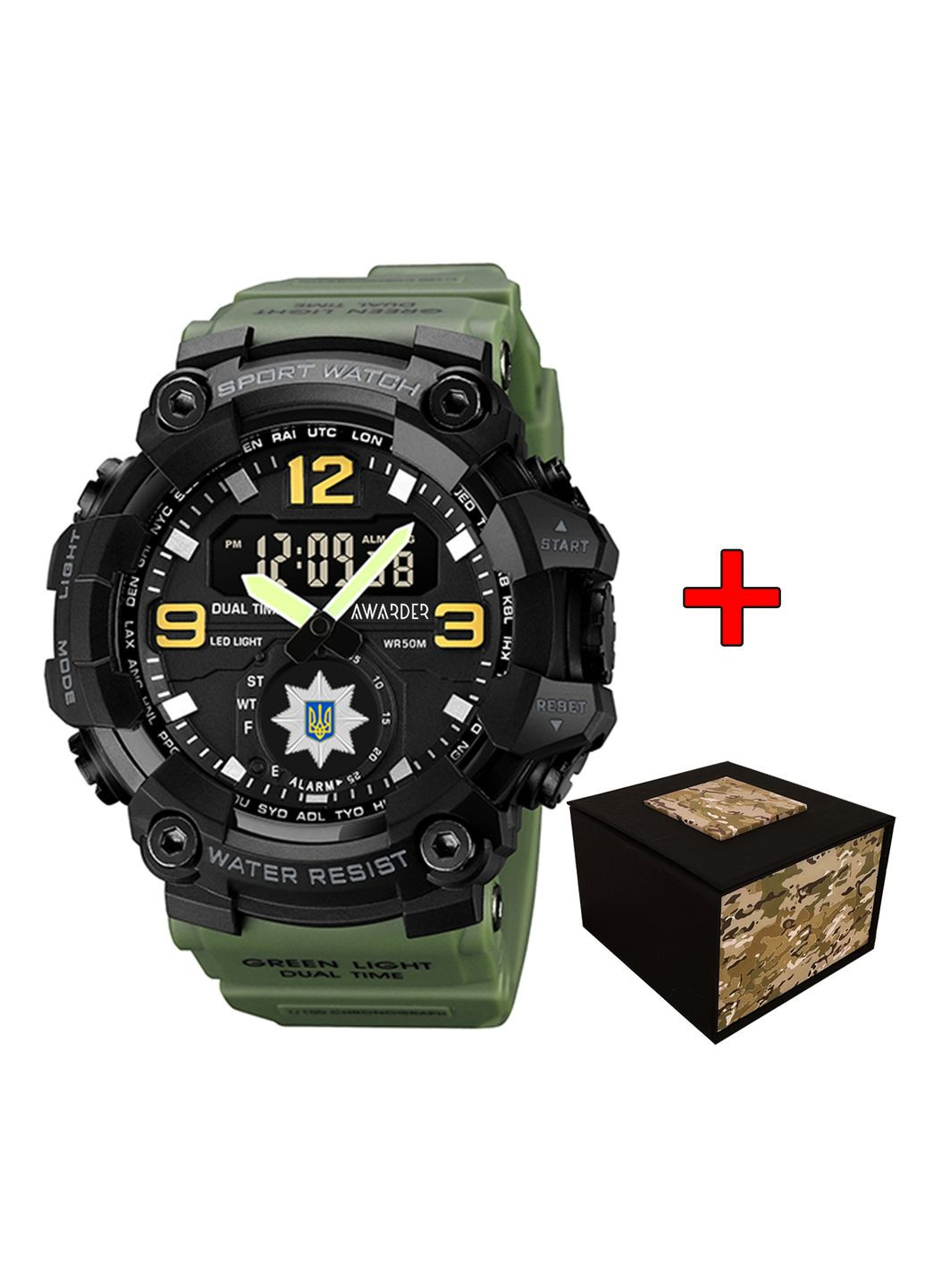 Часы Awarder 003 Полиция армейские зеленые и черные для мужчин с секундомером и будильником ProDobro (367266271)