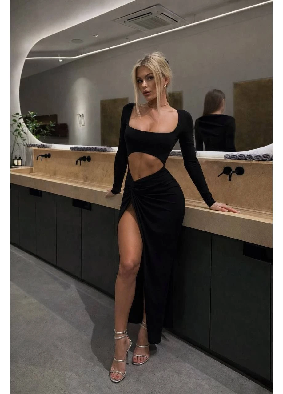 Черное женское платье с разрезом No Brand