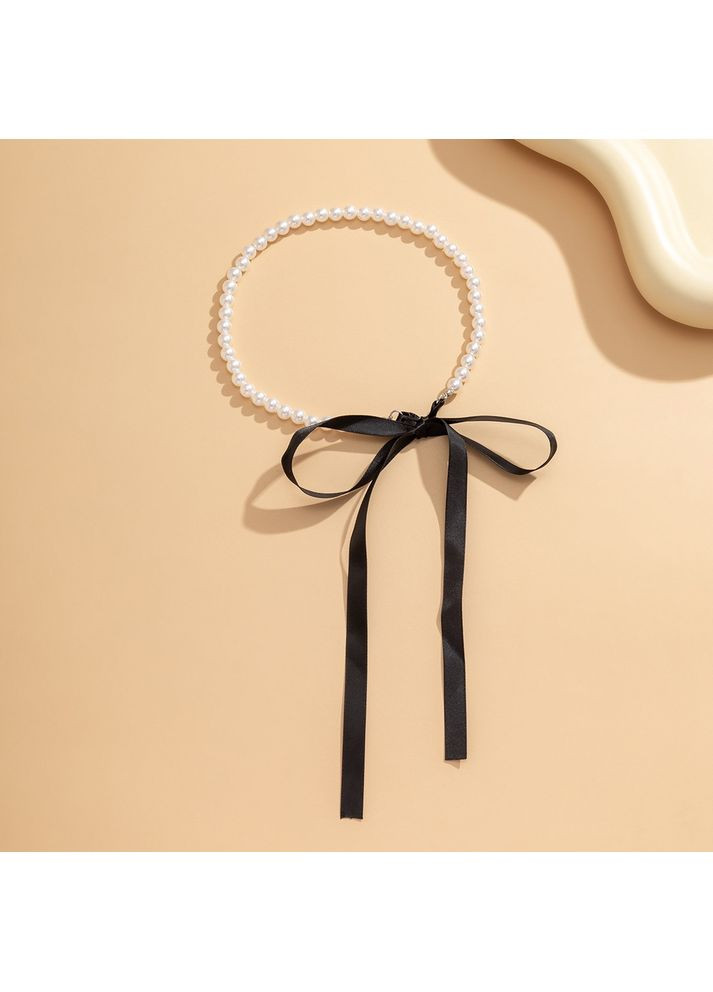 Елегантний перлинний чокер на шию, стильний чокер з атласним бантиком (чорний) China (367623180)
