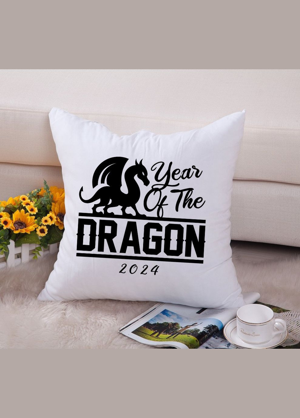 Декоративна подушка з новорічним принтом "Year of the Dragon 2024. Дракон 2024" Push IT Кавун (316095504)