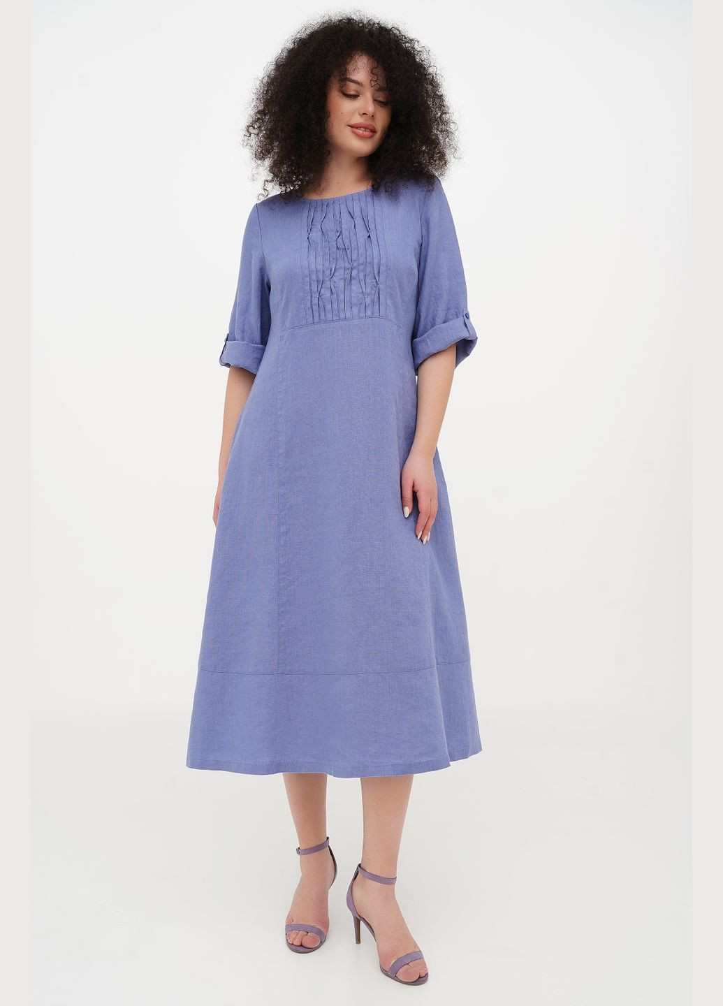 Блакитна лляна міді сукня для великих фігур зі складками однотонна індіра (plus size)., р., код 0456/56/998 ГАЛЕРЕЯ ЛЬОНУ