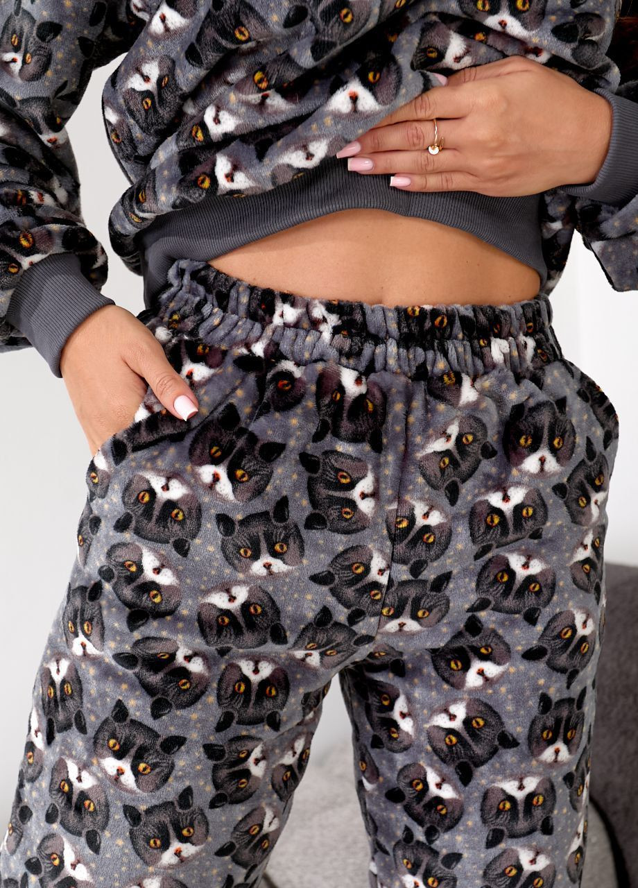 Темно-сіра зимня жіноча тепла плюшева піжама світшот + брюки Modena