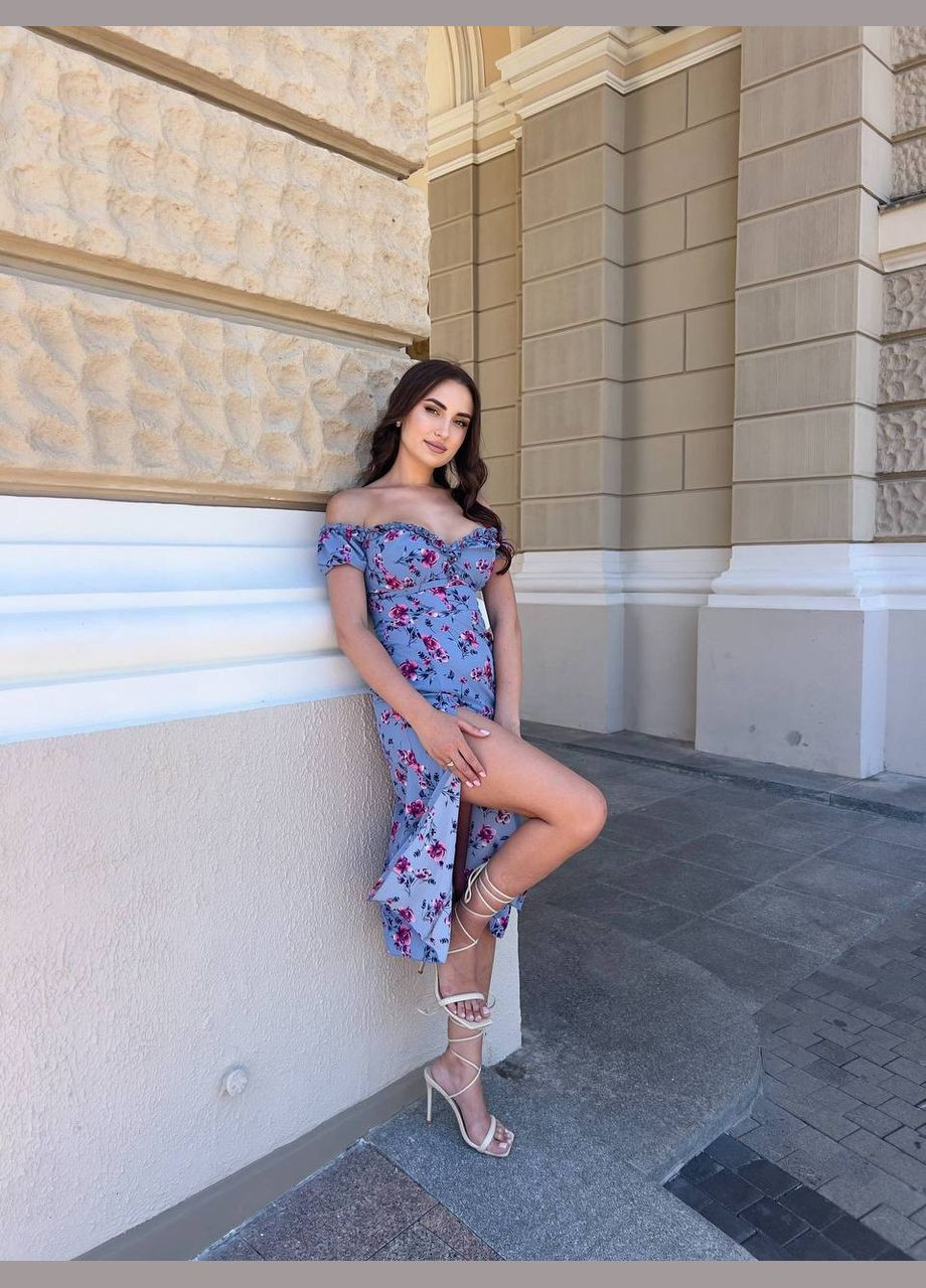 Блакитна святковий, коктейльна, ділова, повсякденний, вечірня сукня жіноча з відкритими плечима No Brand з квітковим принтом