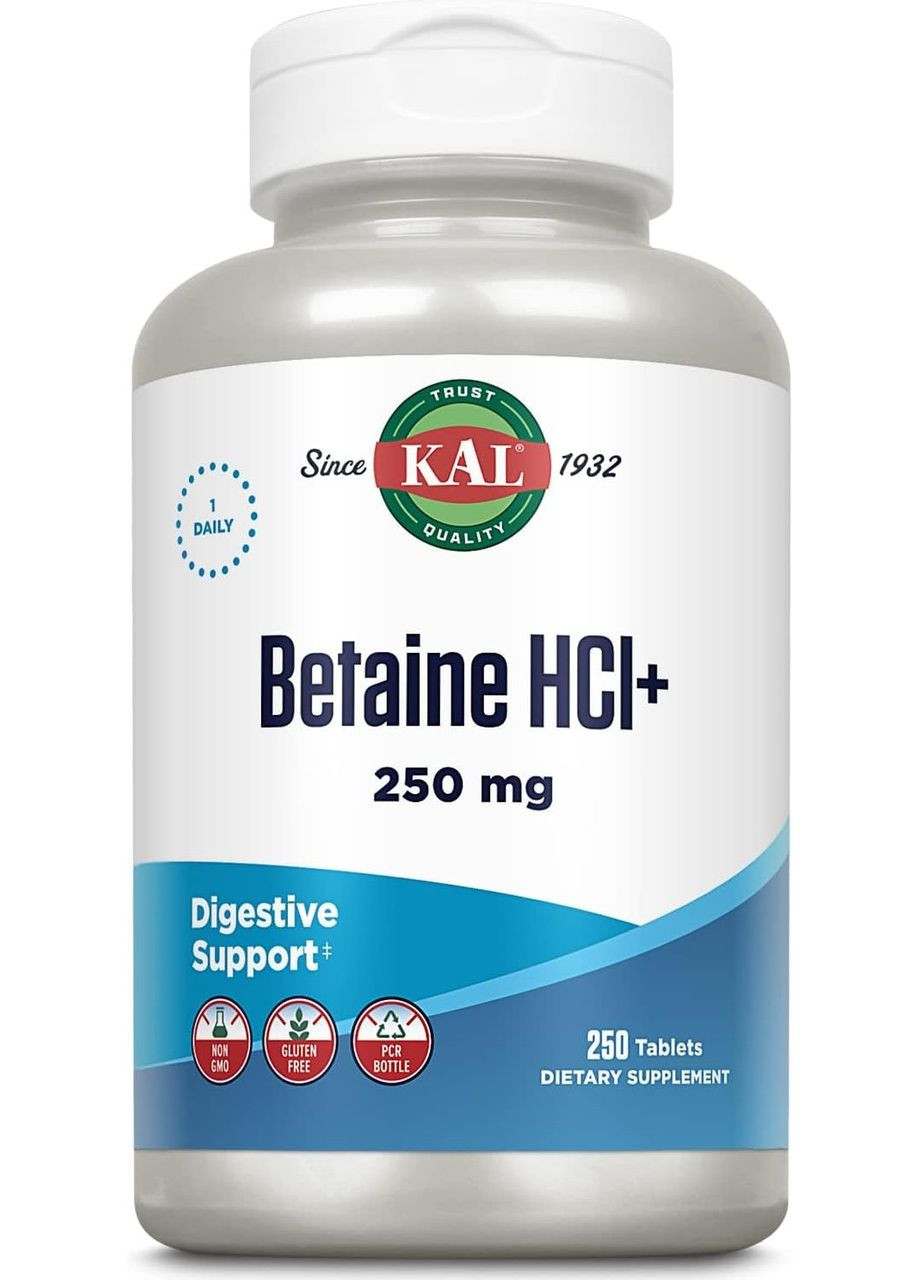Бетаїн гідрохлорид 250 мг та пепсин Betaine HCl для нормалізації травлення 250 таблеток KAL (268375510)