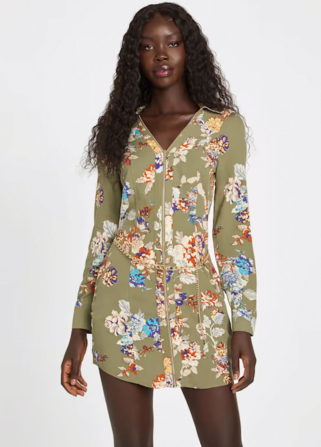 Оливковое кэжуал, повседневный оливковое мини платье рубашка Guess с цветочным принтом