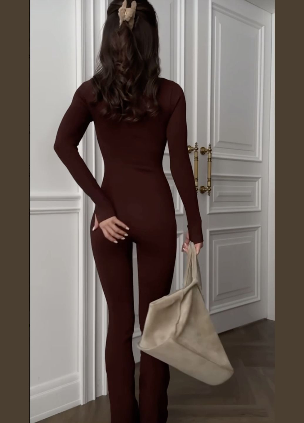 Женский комбинезон FINO Mode комбинезон-брюки однотонный коричневый кэжуал, спортивный, повседневный, откровенный, вечерний трикотаж