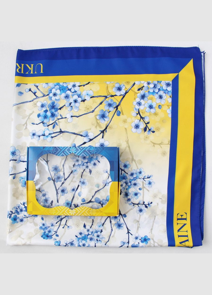 Подарунковий набір хустка патріотична "Яблуневий цвіт" 95х95 та жовто-блакитна коробочка 218086 Husta (331150432)