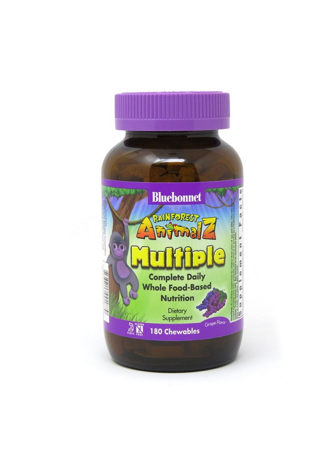 Вітаміни та мінерали Rainforest Animalz Multiple, 180 жувальних таблеток Виноград Bluebonnet Nutrition (293341941)