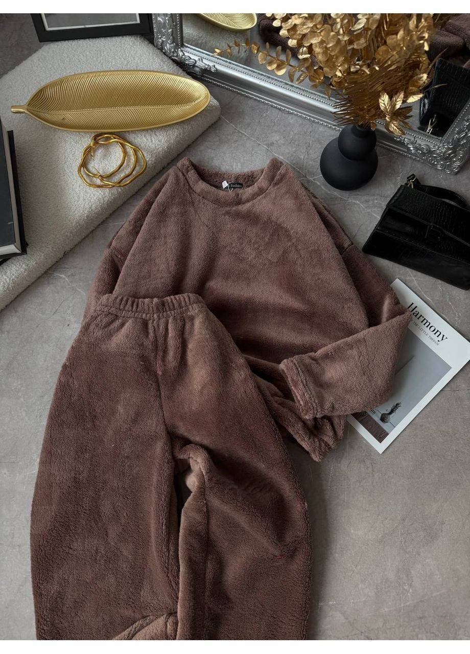 Темно-бежевая зимняя женская теплая махровая пижама кофта + брюки KaraMix