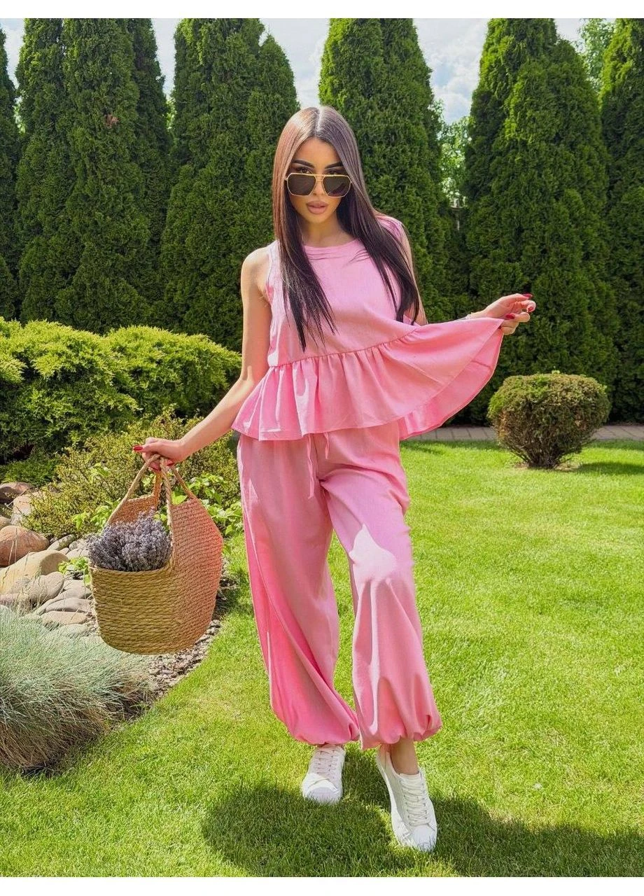 Женский льняной костюм топ с баской и штаны-алладины Stylish Touch (395933450)