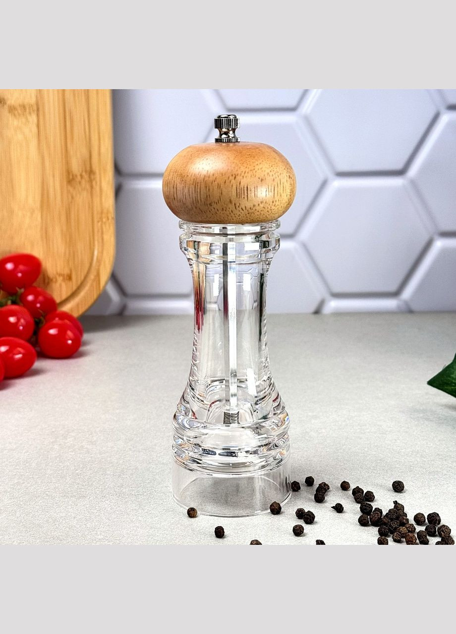 Млин для перцю акриловий з дерев'яною кришкою 17,5 см Китай 6826Gl No Brand (334884228)