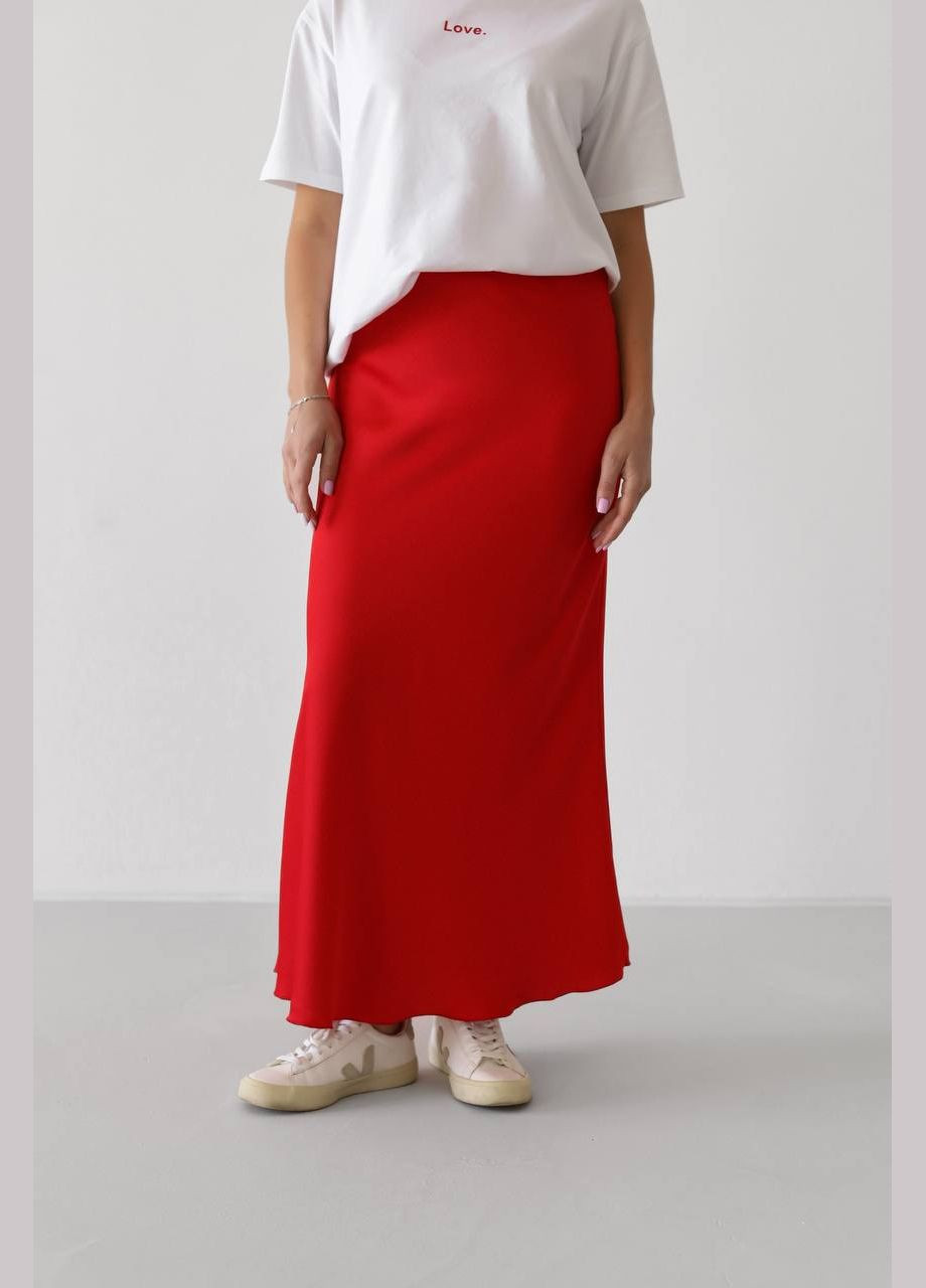 Красная праздничный, повседневная, кэжуал, вечерний однотонная сатиновая юбка меди на резинке Україна а-силуэта (трапеция)