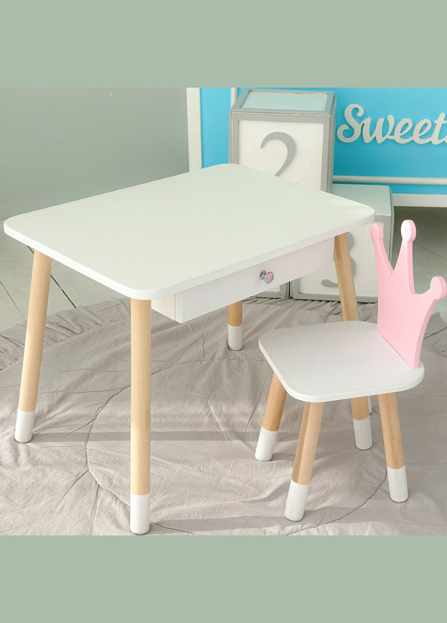 Дитячий столик білий і стільчик корона біло-рожевий. Столик із шухлядою для олівців і розмальовок 56787 No Brand (335039698)