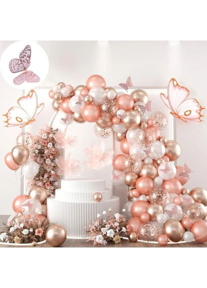 Набор 100 шаров для арки фотозоны Прикосновение к волшебству с декоративными бабочками Хром бежевый жемчуг и белый No Brand (360559794)