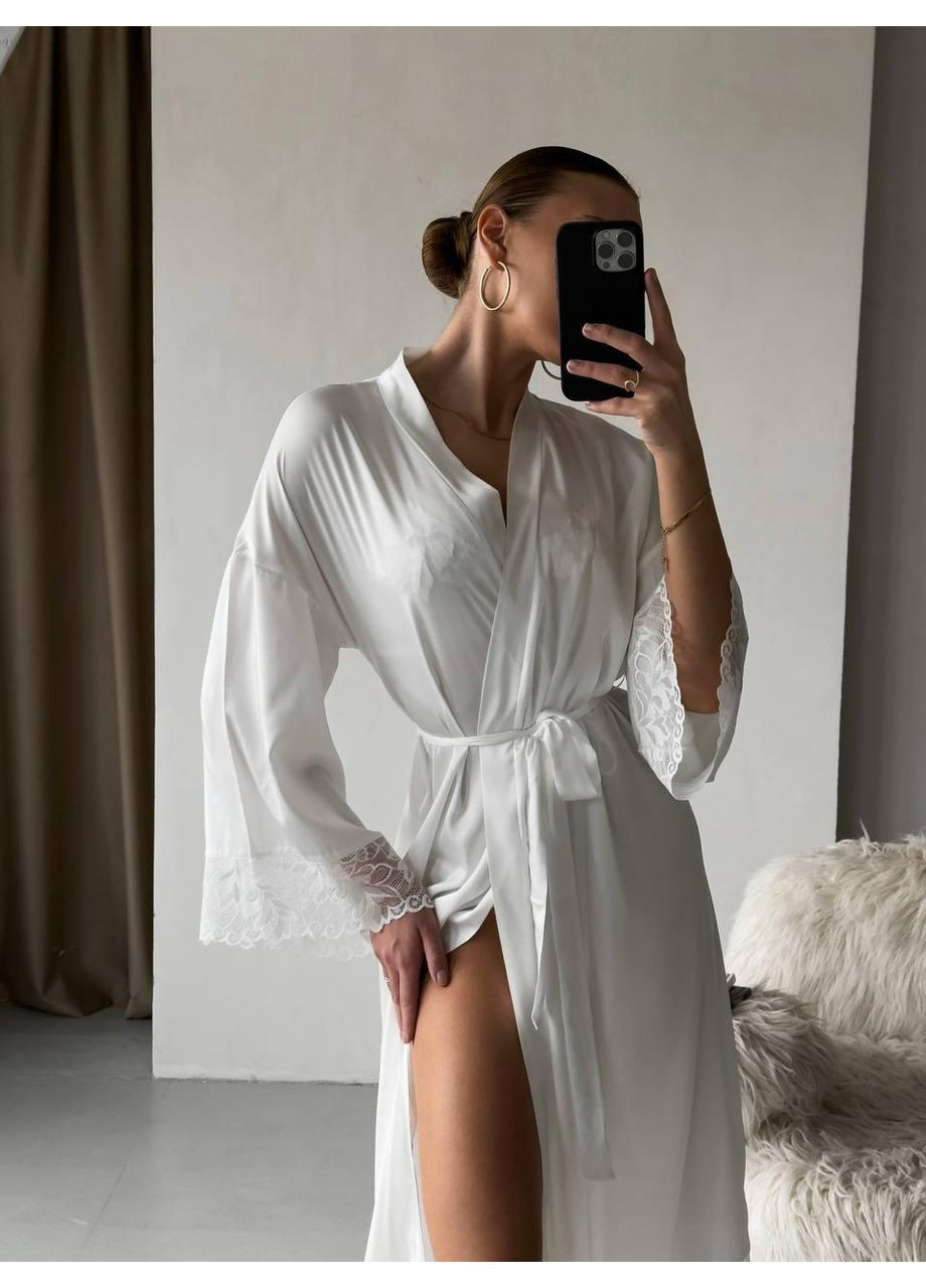 Халат шовковий з мереживом / Халат атласний довгий білий з поясом No Brand (366571677)