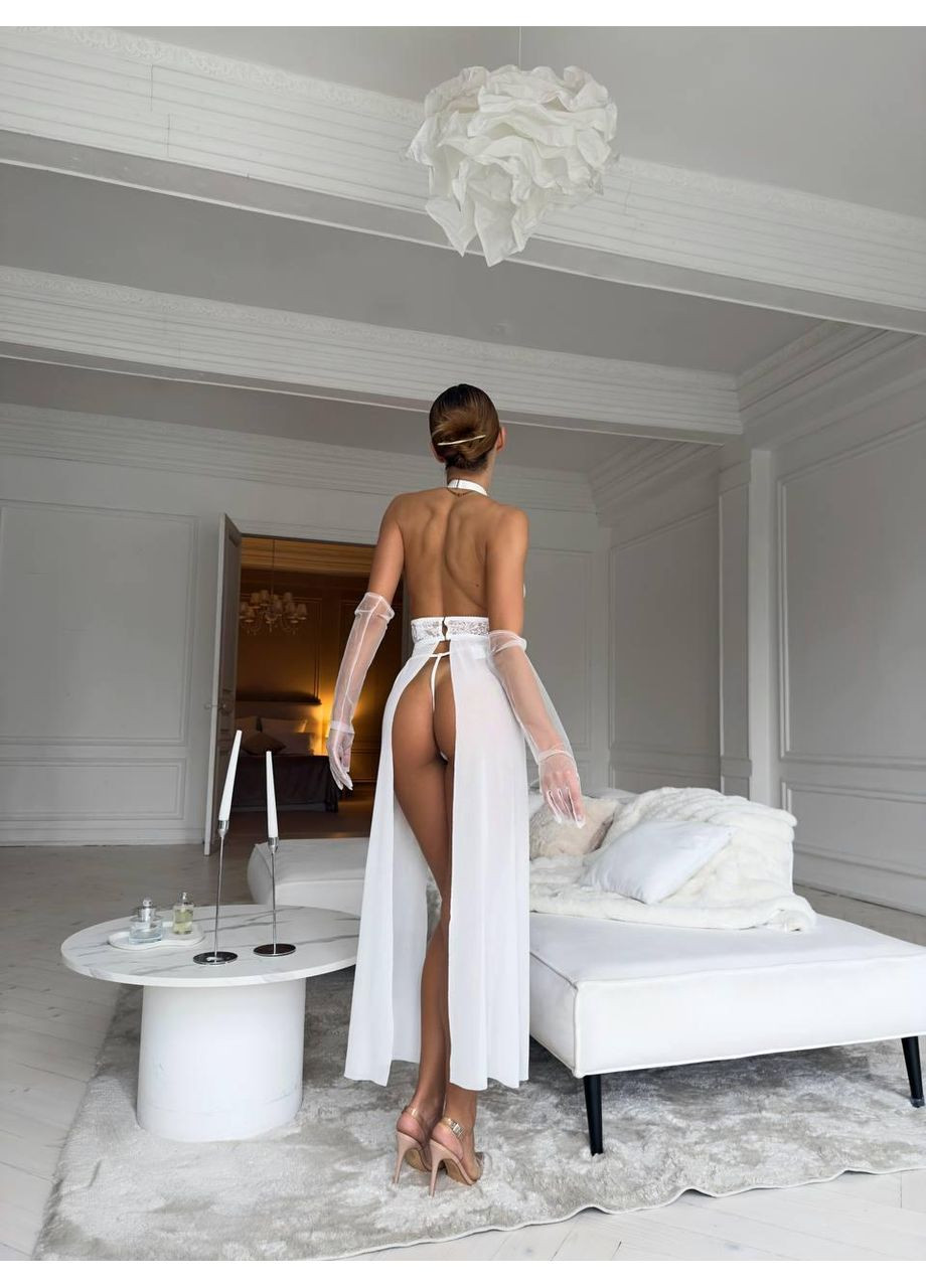 Жіночий довгий пеньюар із розпірками та мереживним ліфом / Жіночий еротичний білий пеньюар прозорий із зав’язкою на шиї No Brand (369369778)