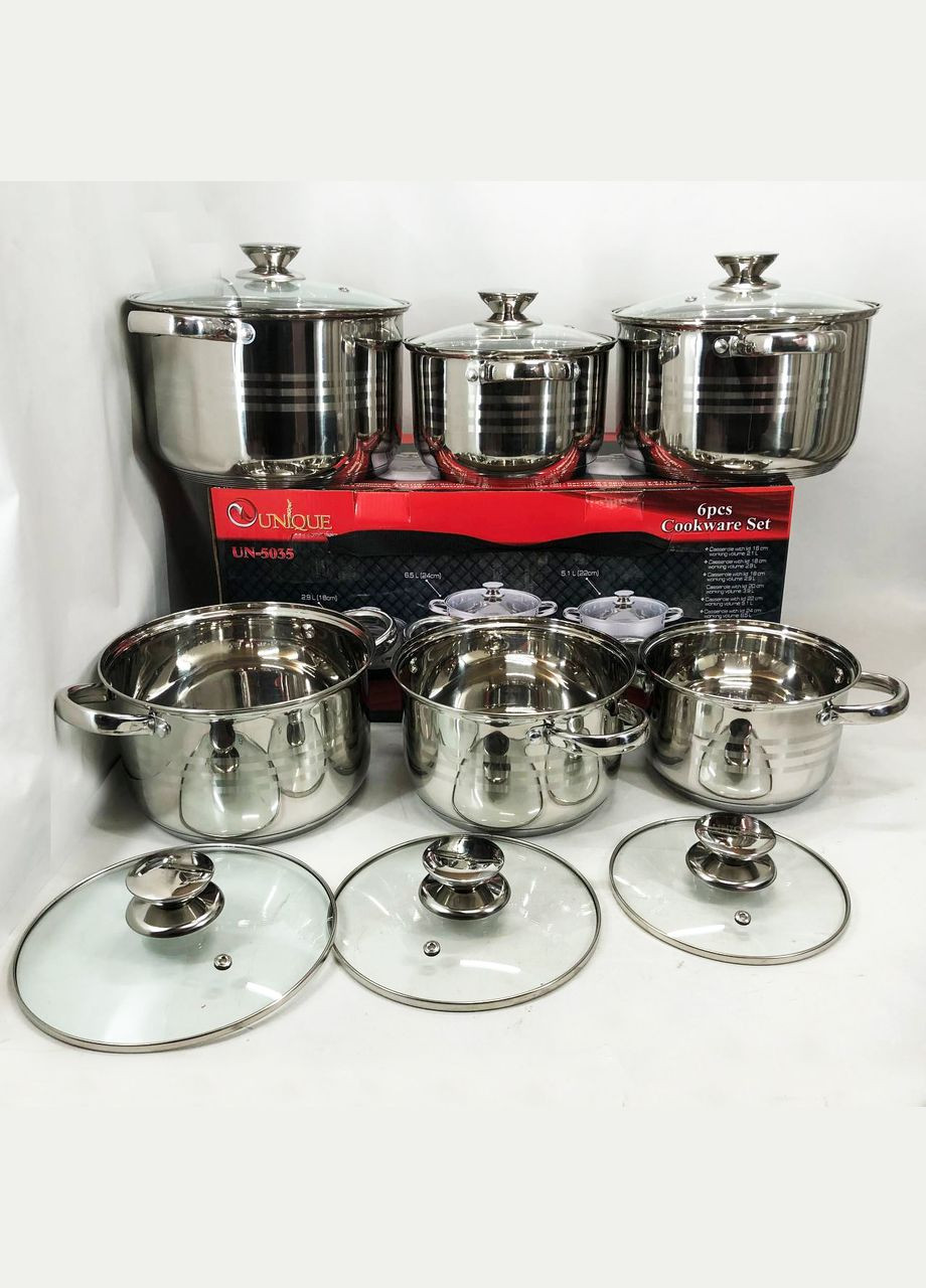 Набір каструль UN-5035 з нержавіючої сталі з товстим дном в 5 шарів з скляними склянками 6 предметів Unique (364665765)
