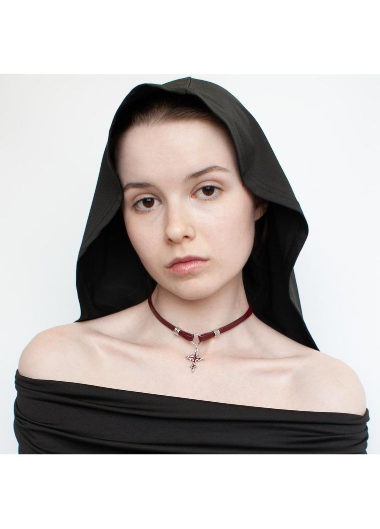 Шкіряний червоний чокер з підвіскою хрестика кулон хрест на шию в готичному фентезі стилі ланцюжок панк гранж унісекс y2k альт No Brand (348431261)