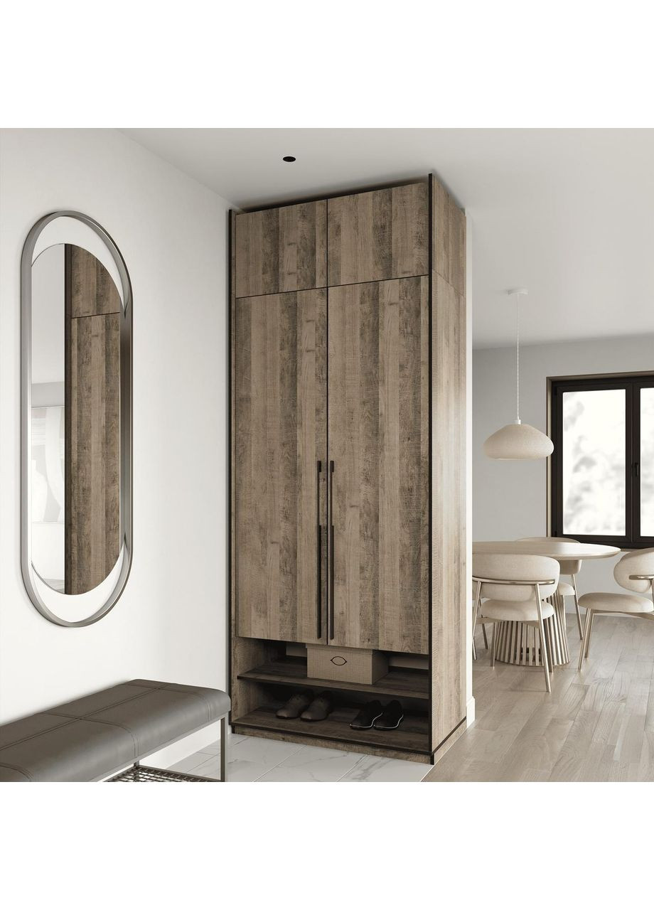 Шафа розпашна на дві дверки з полицями, шухлядами та антресоллю R-0003 від Дуб Гранж Пісочний MORELI (335423135)