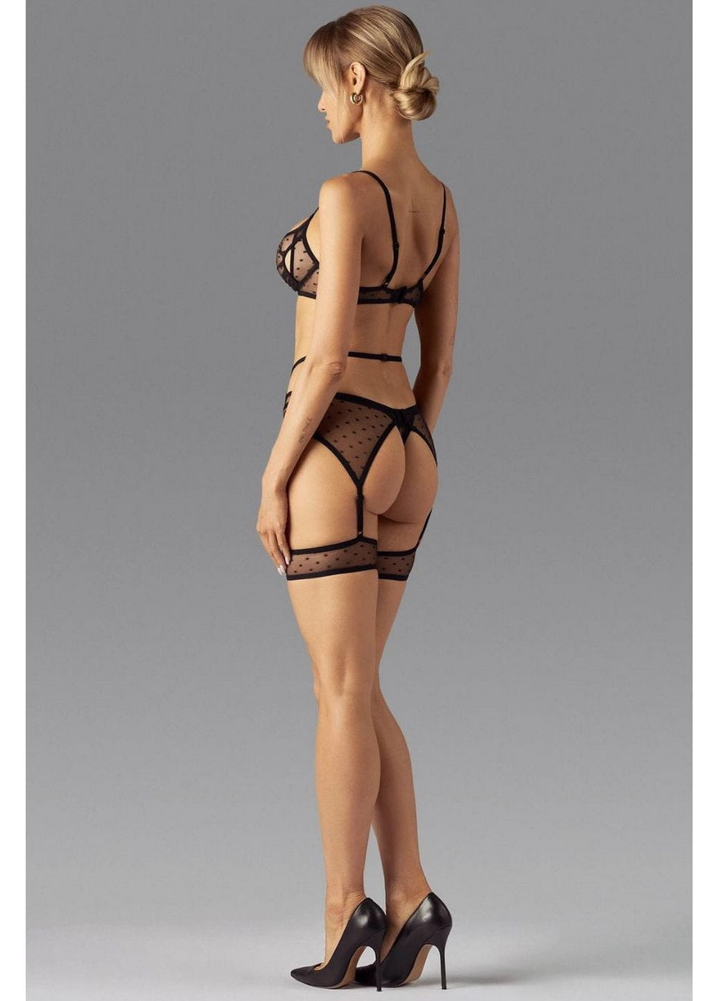 Чорний демісезонний комплект білизни прозорий з поясом nuites set Obsessive