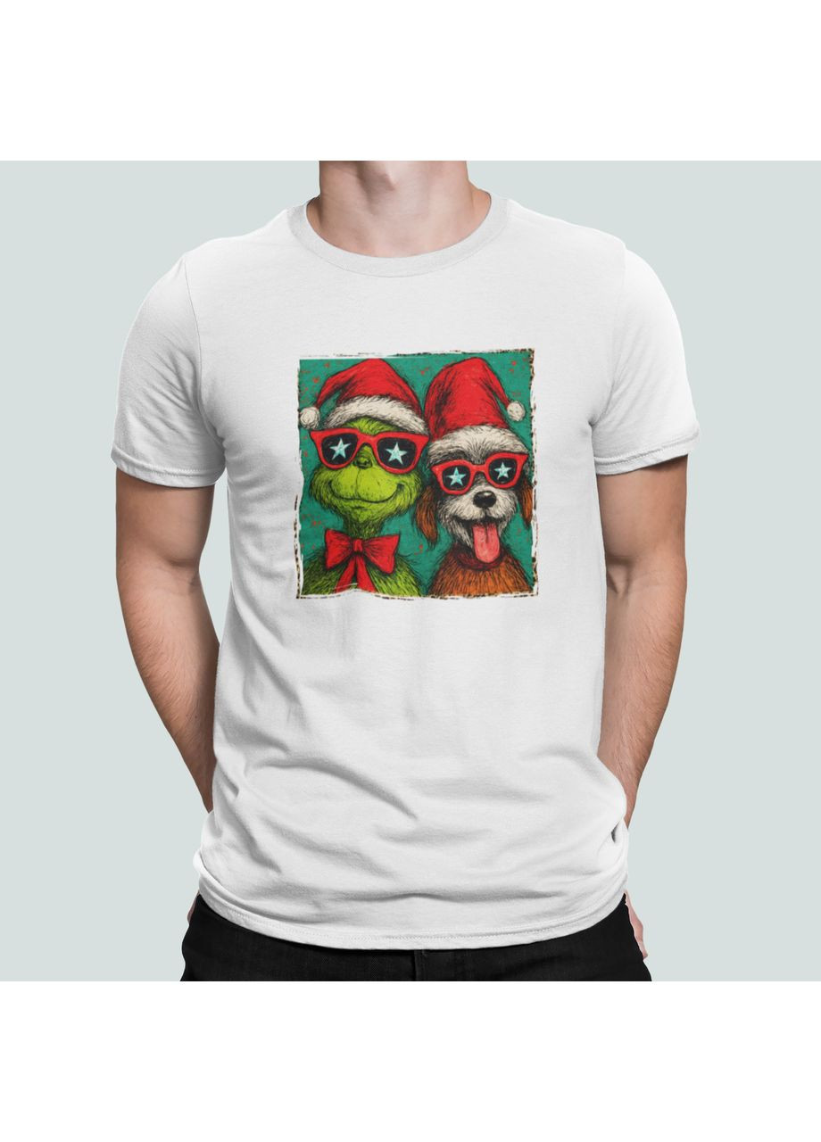 Біла чоловіча новорічна футболка з принтом grinch грінч та пес різдво Stedman