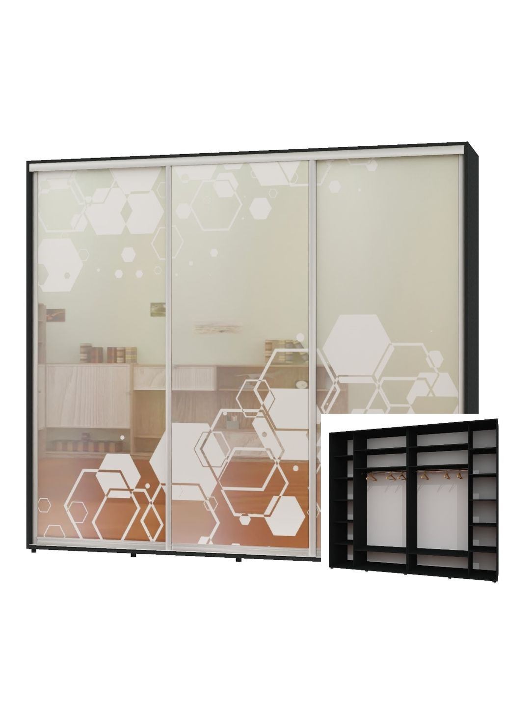 Шафа-купе тридверна 300*60*240 Антрацит Дзеркало з піскострумним малюнком Люкс-149 Алекса (360461707)