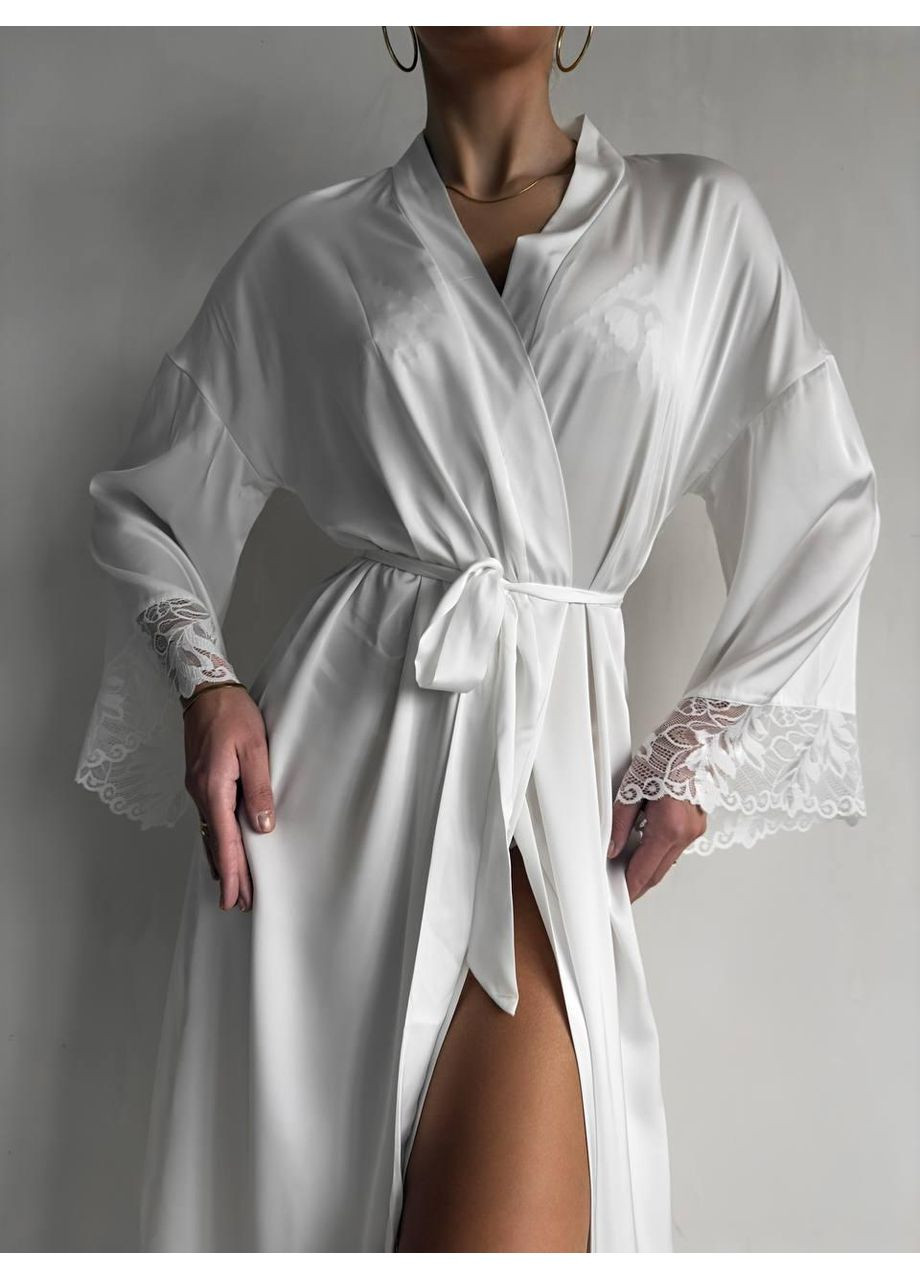 Халат шовковий з мереживом / Халат атласний довгий білий з поясом No Brand (366571677)
