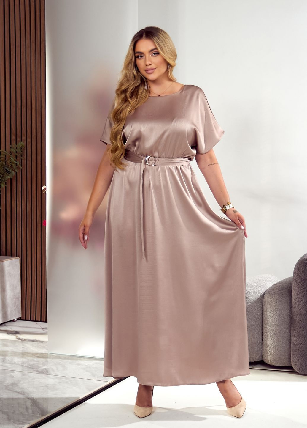 Темно-бежева святковий, коктейльна, вечірня вечірня сукня максі довжини з відкритою спиною та поясом дзвін, з відкритою спиною No Brand однотонна