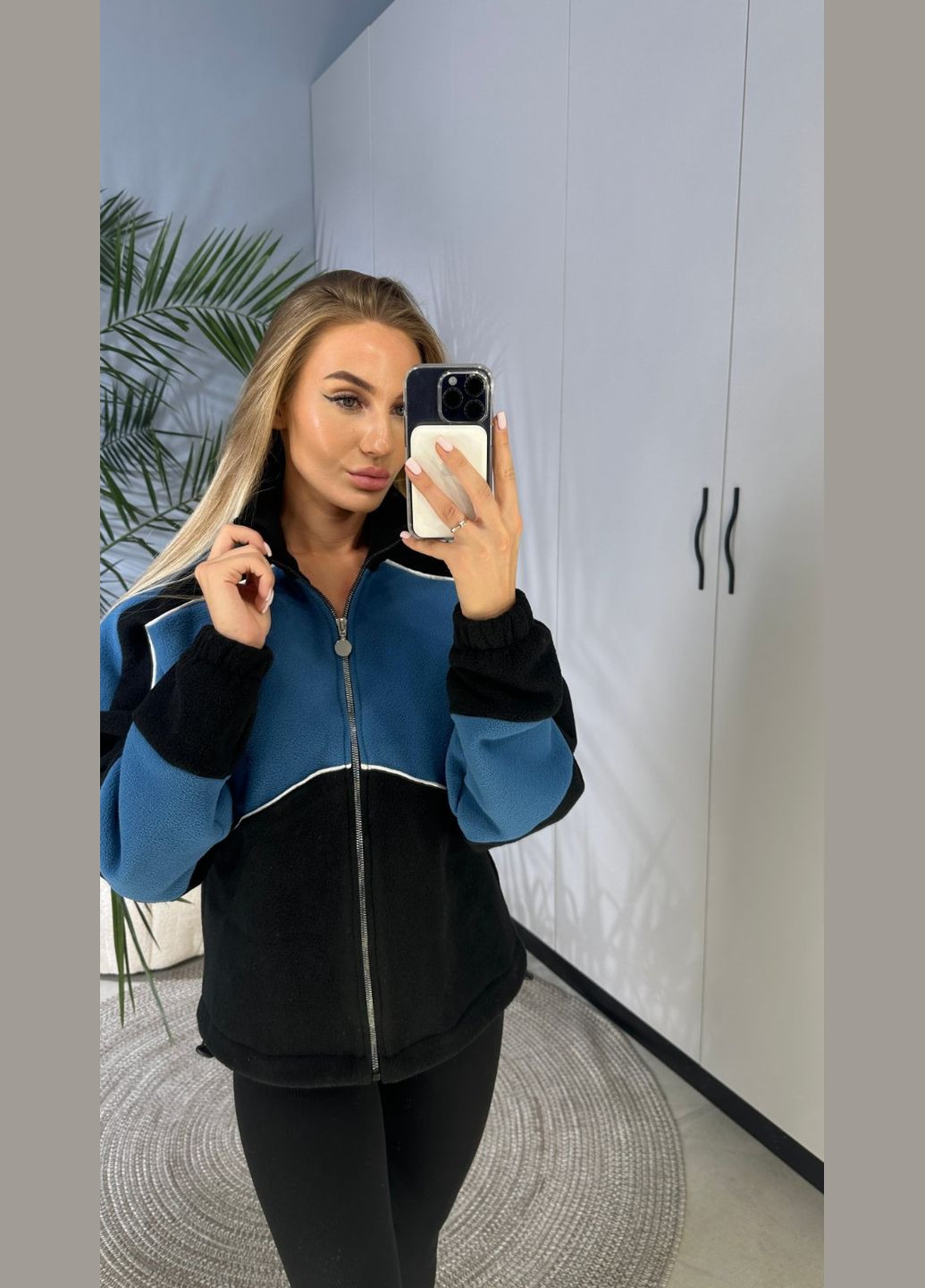 Синий стильная флисовая комбинированная зимняя кофта на молнии с кантом синяя You Best (303190822)