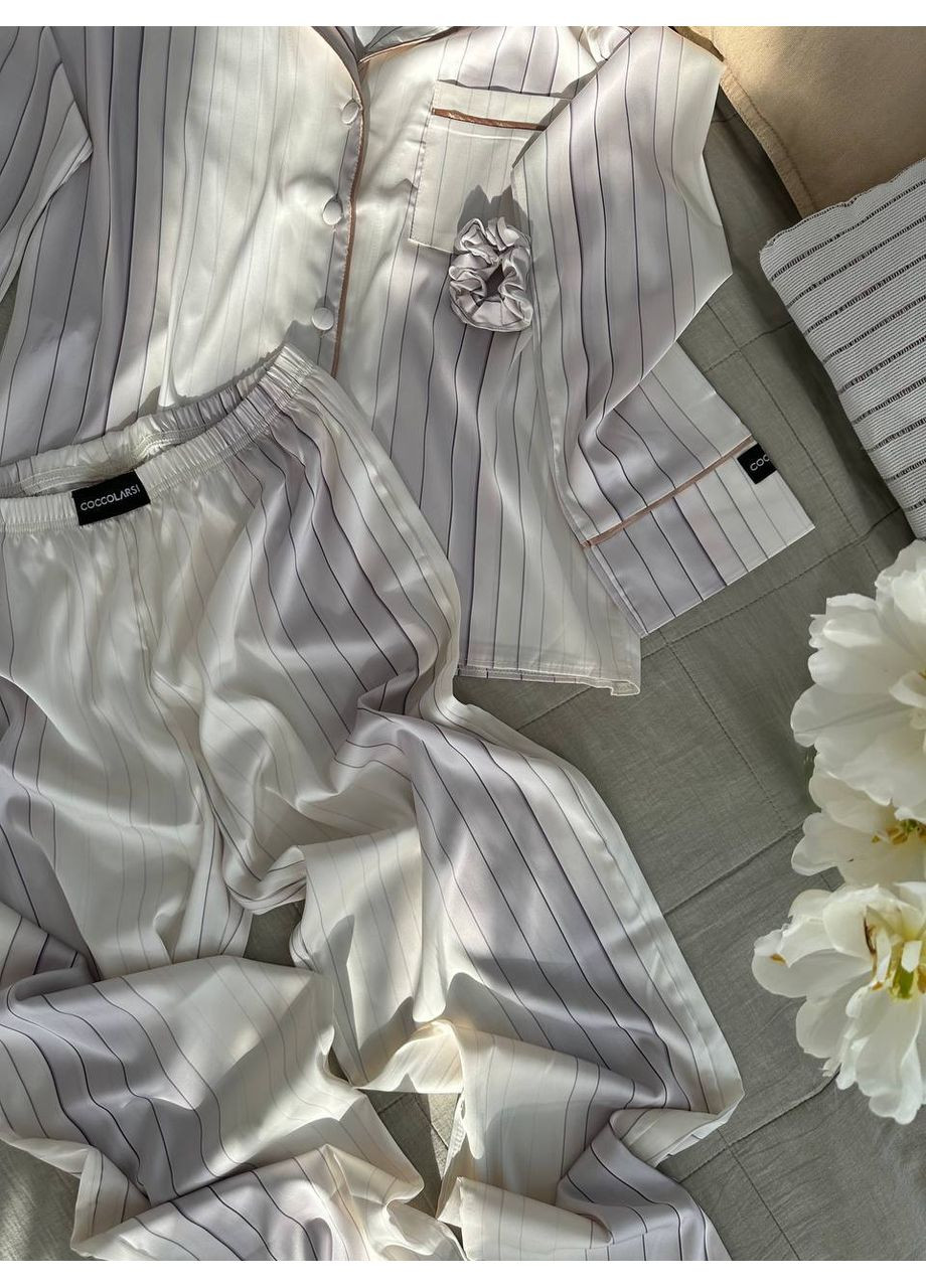 Белая всесезон женская пижама | белая с кантом рубашка + брюки Vital-Textile 1270