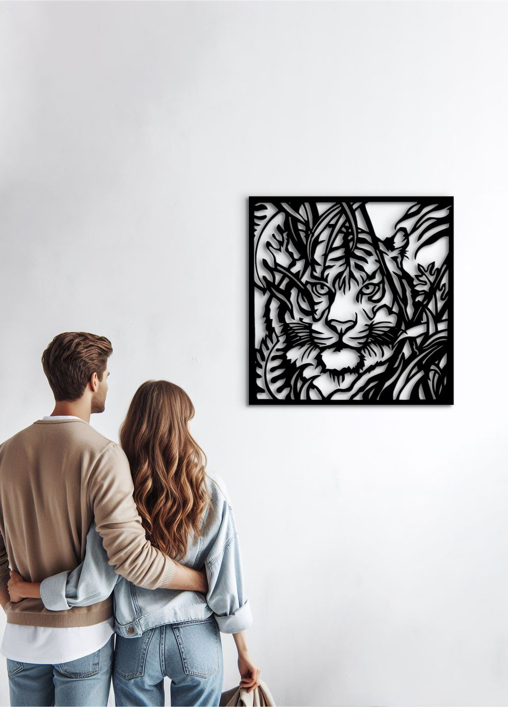 Современные картины для интерьера, современный декор стен "Охота тигра", минималистичный стиль 70х75 см Woodyard (292112009)