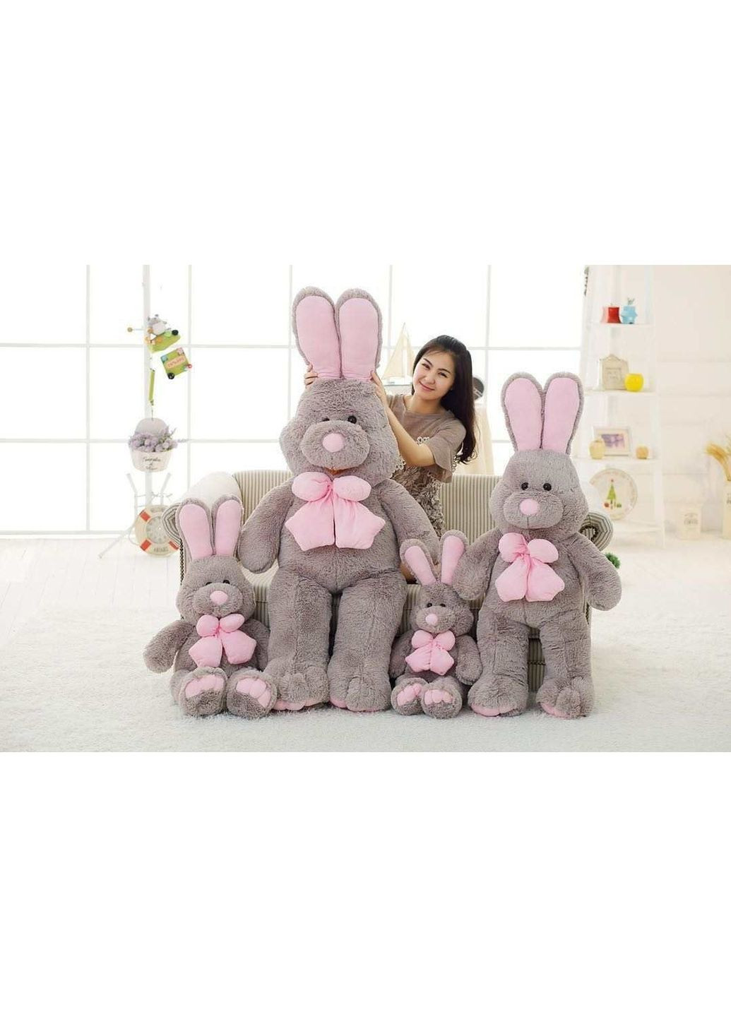 Яскрава гіпоалергенна іграшка-обіймашка Зайчик, М'яка пухнаста іграшка зайчик з вушками і бантиком Fun Cat (361679168)