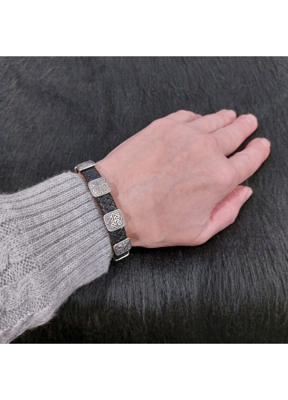 Браслет із рунами Вікінгів зі срібла з натуральною шкірою 22 см No Brand (364202093)