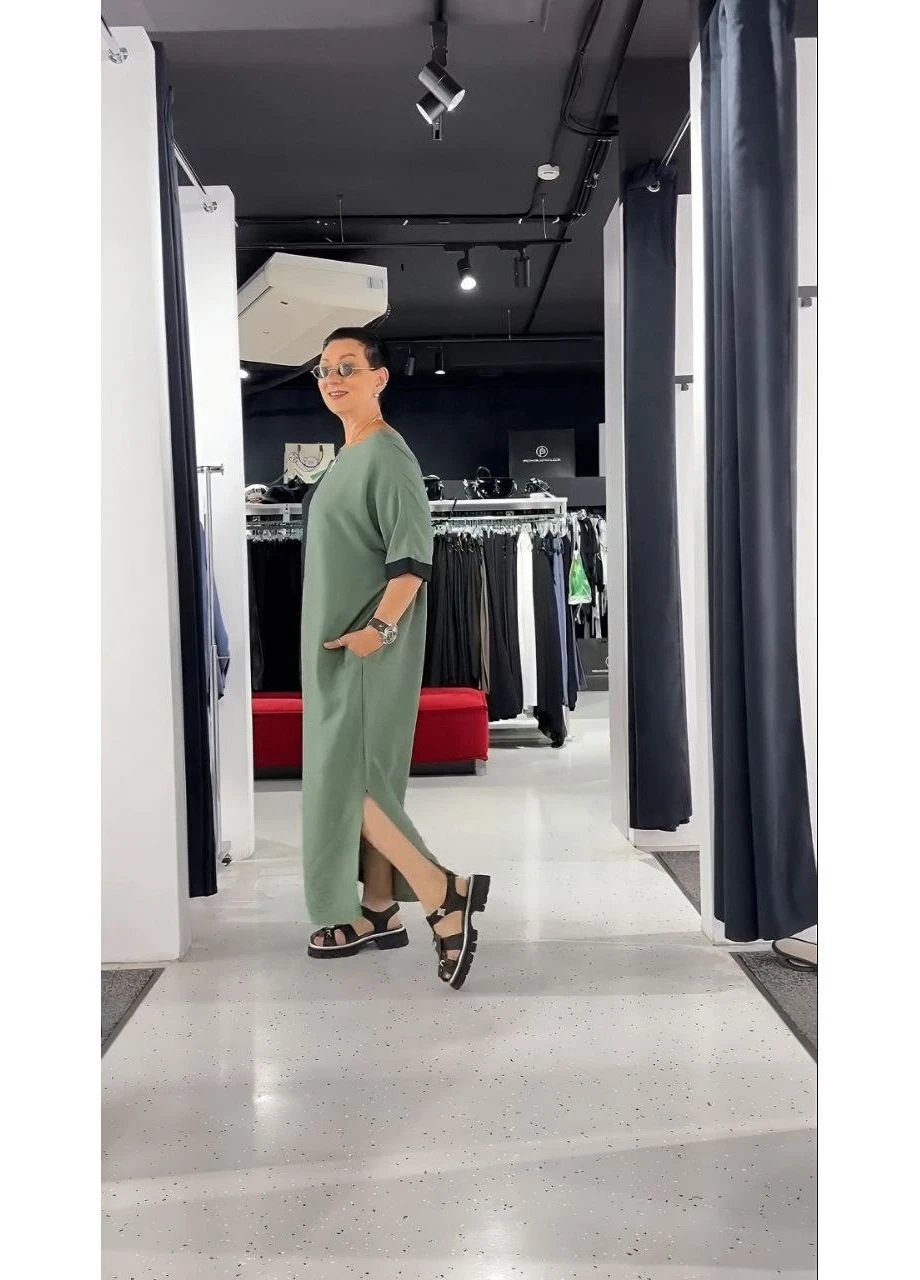 Оливковое повседневный, кэжуал женское платье свободного кроя а-силуэт Style Point колор блок